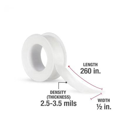PTFE Thread Seal Tape 1/2 Inch x 260 Inch Value Pack, White Plumbing Pipe Wrap for Threaded Connections, for Home, Workshop & Industrial Use