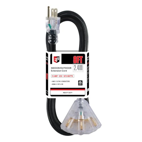 EP 8 Ft 12 Gauge Heavy Duty Extension Cord, 15A 125V 1875W, 3 Outlet Indoor/Outdoor Power Cord with Lighted End, 12/3 SJTW Weatherproof Black - color: Black, size: 8FT