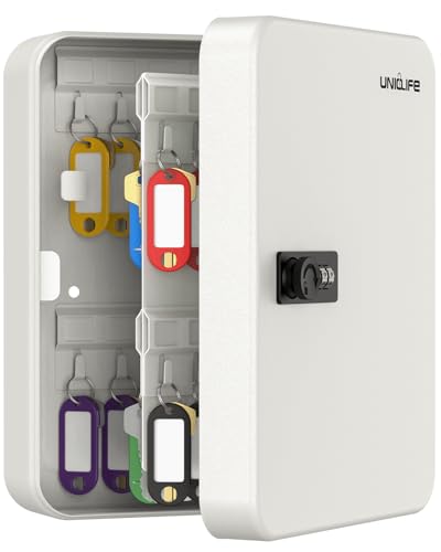 Uniclife 48 Position Key Cabinet with Combination Lock Resettable White Digital Security Storage Box Steel Key Organizer with Colorful Key Tag Labels Stickers and Hooks - color: White, size: 48 Keys