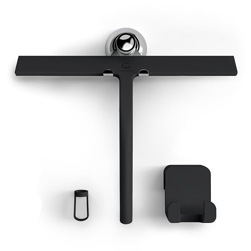 GÜTEWERK Silicone Shower Squeegee for Glass Doors & Mirrors with Stainless Steel Core, Streak-Free & No-Squeak Window Cleaning, 3-in-1 No-Drill Mount (Hook/Suction/Adhesive),Black, 11 Inches - color: Black, size: 11 Inches