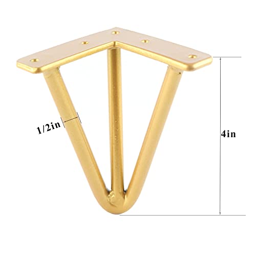 4 Inch Hairpin Legs Metal - 1/2” Dia 3 Rods Design - Mid Century Furniture Table Legs, DIY Furniture Hairpin Feet Gold for Nightstand, Coffee Table and TV Stand, Set of 4 - size: 4 Inch