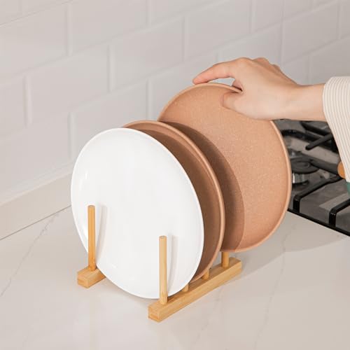 HBlife 4pcs Bamboo Dish Plate Bowl Cup Book Pot Lid Cutting Board Drying Rack Stand Drainer Storage Holder Organizer Kitchen Cabinet（Keep Dry） - color: Bamboo 3 Slots 4pcs