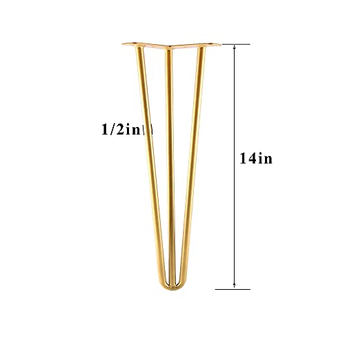 14 Inch Hairpin Legs Metal - 1/2” Dia 3 Rods Design - Mid Century Furniture Table Legs, DIY Furniture Hairpin Feet Gold for Nightstand, Coffee Table and TV Stand, Set of 4 - size: 14 Inch