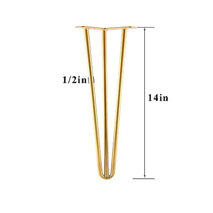 14 Inch Hairpin Legs Metal - 1/2” Dia 3 Rods Design - Mid Century Furniture Table Legs, DIY Furniture Hairpin Feet Gold for Nightstand, Coffee Table and TV Stand, Set of 4 - size: 14 Inch