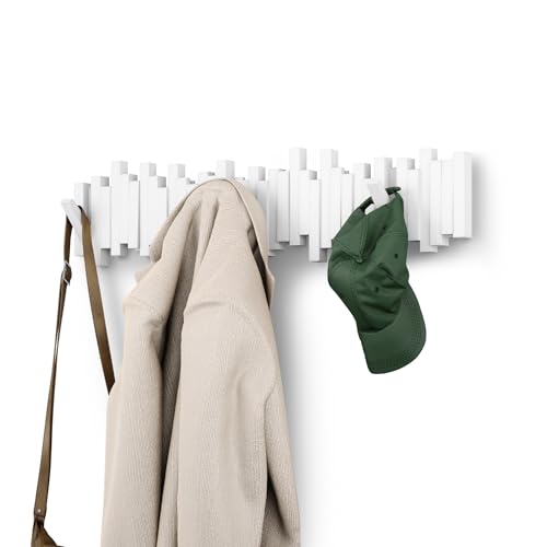 Umbra Sticks Wall-Mounted Coat Rack Rail Hook with 8 Retractable Pegs – Modern, Space-Saving Storage Organizer, White - color: White, size: 8-Hook