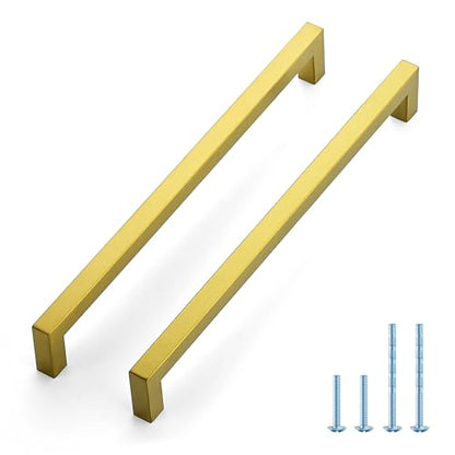JOY DECOR 2 Pack Gold Cabinet Handles, 10 Inch Hole Center Cabinet Pulls – Square Stainless Steel Kitchen Knobs for Drawers, Dressers, Cupboards & Vanities - size: 10 Inch Hole Center