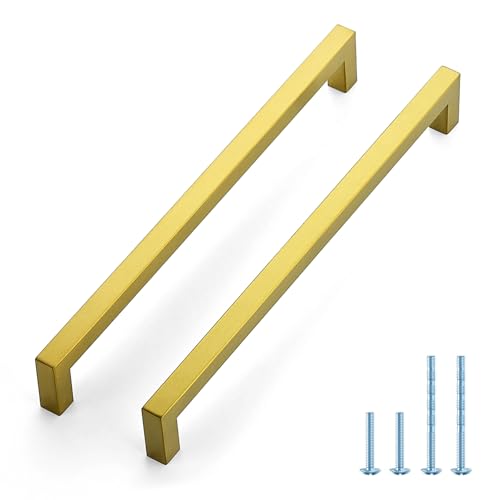 JOY DECOR 2 Pack Gold Cabinet Handles, 10 Inch Hole Center Cabinet Pulls – Square Stainless Steel Kitchen Knobs for Drawers, Dressers, Cupboards & Vanities - size: 10 Inch Hole Center