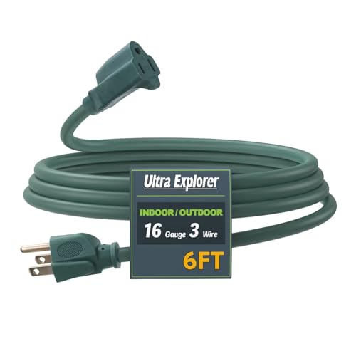 6 Ft Indoor Outdoor Green Extension Cord, 16/3 SJTW Heavy Duty Water-Resistant, 3 Prong Grounded Plug Power Cord for Home Appliance, Lights and Lawn, 13A 1625W, UL Listed - color: Green, size: 6', style: No Lighted