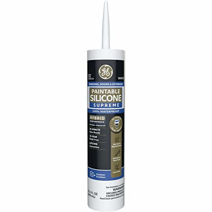 GE Supreme Paintable Silicone Caulk for Window & Door, White, 9.5 fl oz Cartridge, 1 Pack - 100% Waterproof Silicone Sealant, 7X Stronger Adhesion, Freeze & Sun Proof - size: Pack of 1