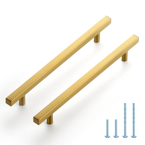JOY DECOR 10 Pack 7-1/2 Inch Brushed Brass Square Cabinet Handles Stainless Steel Cabinet Hardware Pulls for Kitchen and Drawers with 10 Inch Overall Length - color: Brushed Brass, size: 7-1/2 Inch Hole Center
