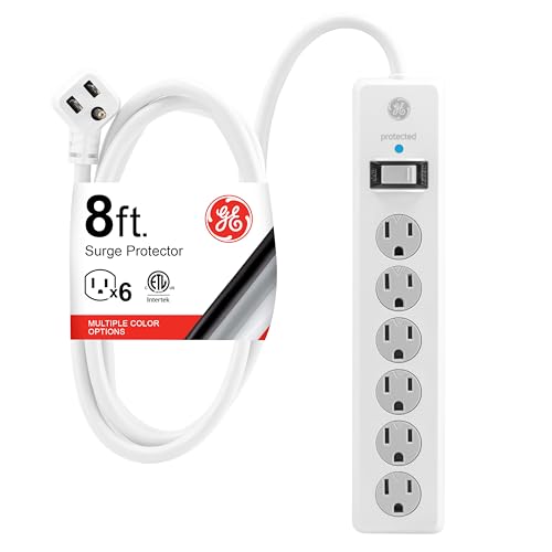 GE Surge Protector Power Strip, 8 Ft Extension Cord, 6 Outlet Extender, 800 Joules, Flat Plug, Twist-to-Close Safety Covers, ETL Listed, White, 67044 - color: White, size: 8 Ft, style: 1 Pack