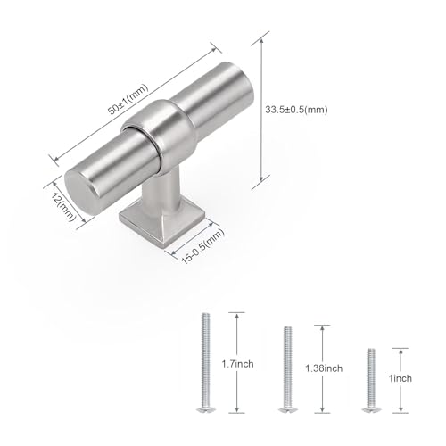 5 Pack Brushed Nickel Kitchen Cabinet Knobs Single Hole Dresser Pulls with Zinc Alloy Base Stainless Steel T Bar Drawer Knob for Bedroom Bathroom - color: Brushed Nickel, size: Single Hole-2inch Length