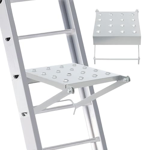 Ladder Work Platform, Foldable 400 lbs Capacity Tool Tray with Anti-Slip Surface, Silver Metal Tray for Painting, Wiring & Repairs on Multipurpose Ladders