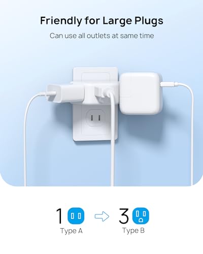 TROND 2 Prong to 3 Prong Outlet Adapter, 3-Way Angled Plug Extender with 3 AC Sockets, Wall Splitter for Non-Grounded Outlets in Old House, Cruise Essentials, White - color: White, size: 3AC-2 Prong Plug, 1 Pack