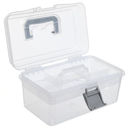 MyGift 10.2 Inch Transparent Plastic Empty Multipurpose Tackle Box with Gray Handle and Removable Tray for Tools, First Aid, Sewing Kit, Arts Crafts Supplies Storage