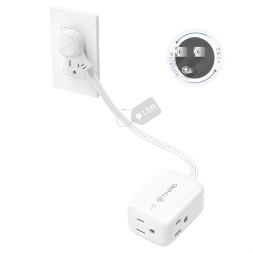 TROND 360° Rotating Flat Plug Extension Cord Surge Protector 1.5ft, Small Power Strip with 900 Joules, 3 Side Grounded Outlets, 13A, SPT 16/3 Gauge Wire for Indoor Home Office Dorm Room Travel, White - color: White, size: 1.5 ft, style: With Surge Protect