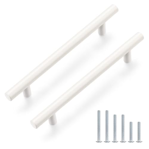 Probrico 5 Pack Hole Centers (128mm) 5inch White Kitchen Cabinet Handles Stainless Steel White Cabinet Pulls Round T Bar Pull Handle for Cabinets and Drawers Total Length 7.5inch - color: White, size: Hole Centers: 5"