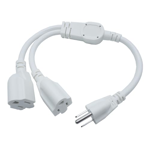 3 Prong Extension Cord Splitter, Indoor Outdoor 1.5 FT Power Cord Splitter 1 to 2, SJT 16AWG Dual Extension Cord Outlet Splitter for Home Office Appliance, LED Stage Light, White - color: White