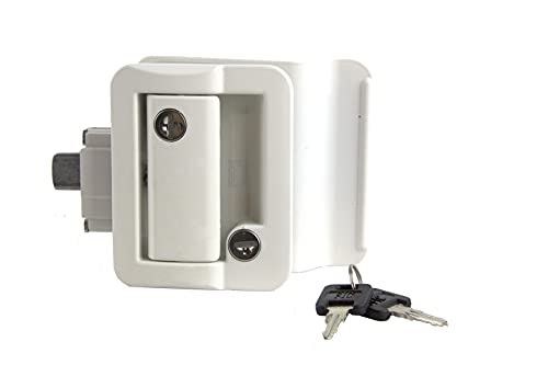 Lippert Global Entry Door Latch Kit with Deadbolt, Keyed Lock, Two FIC Keys, Edge Cover Plate, Strike Plate, Mounting Screws for Travel Trailers - 239632, White