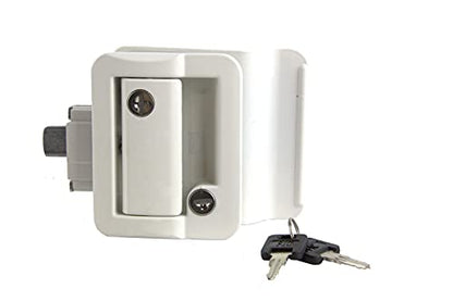 Lippert Global Entry Door Latch Kit with Deadbolt, Keyed Lock, Two FIC Keys, Edge Cover Plate, Strike Plate, Mounting Screws for Travel Trailers - 239632, White