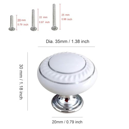 HUAMULAN 10 Pack Ceramic Knob White Silver Dresser Kitchen Round Cabinet Pulls,Zinc Alloy Base Cupboard Wardrobe Drawer Door Handles,3 Size Screws - color: HRJ1043-BaiSilver-10PCS