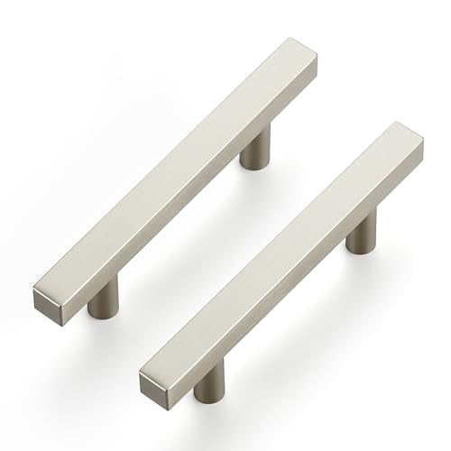 10 Pack Brushed Nickel Cabinet Handles with 3 Inch (76 mm) Hole Center, Square Kitchen Hardware for Cabinets & Drawers, Stainless Steel Pulls, 5 Inch Overall Length - color: Brushed Nickel Square T-Shaped, size: 3" Hole Center