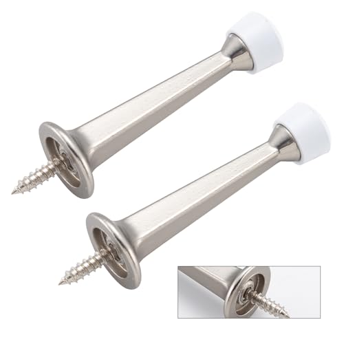 HOME MASTER HARDWARE Heavy Duty Screw-in Doorstop - Solid Rigid Door Stopper with Satin Nickel Finish and Plastics Tip, Set of 2 - color: Silver, size: 2 Pack