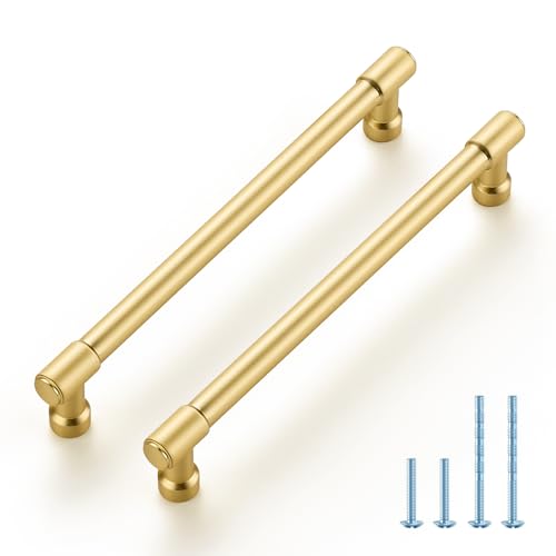 JOY DECOR 2 Pack 6-1/4 Inch Brushed Gold Cabinet Handles Modern Dresser Drawer Pulls Kitchen Cabinet Hardware for Cupboard Door Handles - color: Brushed Gold, size: 6-1/4 In Hole Center
