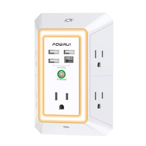 3-Sided Outlet Extender with Night Light - POWRUI Multi Plug Outlet with 5 Outlets and 4 USB Ports(1 USB-C), USB Wall Charger for Home, Office, Travel, ETL Listed, White - color: White, size: 3u1c