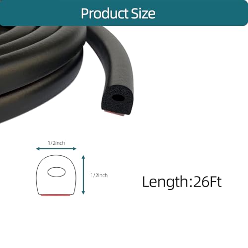D Shape EPDM Foam Rubber Seal with Tape, Self-Adhesive Rubber Weather Stripping for Boat, Auto, RV, Marine, Garage Doors/Window and More, W:0.5"; H:0.5"; L:26Feet