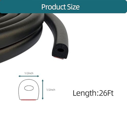 D Shape EPDM Foam Rubber Seal with Tape, Self-Adhesive Rubber Weather Stripping for Boat, Auto, RV, Marine, Garage Doors/Window and More, W:0.5"; H:0.5"; L:26Feet