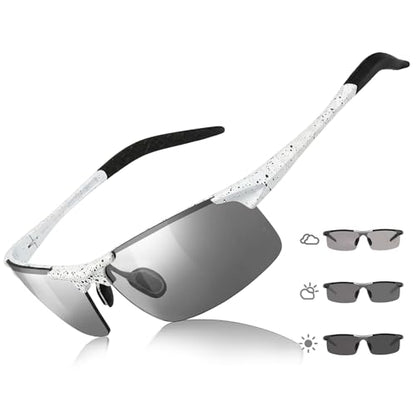 TJUTR Mens Photochromic Sunglasses Day & Night Driving Z87 Sun Glasses Polarized UV400 Protection Safety Glasses - color: B White Black Dot/Z87 Photochromic Polarized Safety Lens