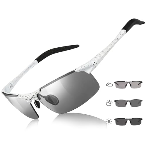 TJUTR Mens Photochromic Sunglasses Day & Night Driving Z87 Sun Glasses Polarized UV400 Protection Safety Glasses - color: B White Black Dot/Z87 Photochromic Polarized Safety Lens