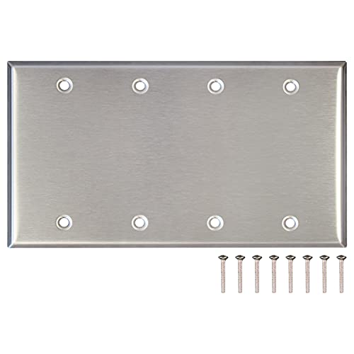 AP-10414, Stainless Steel Blank Wall Plate, 4 Gang Standard Size 4.50" x 8.19" Corrosion and Heat Resistant, Unbreakable Metal, Silver, Cover Unused Electrical Sockets or Switch Holes - size: 4 Gang