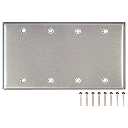 AP-10414, Stainless Steel Blank Wall Plate, 4 Gang Standard Size 4.50" x 8.19" Corrosion and Heat Resistant, Unbreakable Metal, Silver, Cover Unused Electrical Sockets or Switch Holes - size: 4 Gang