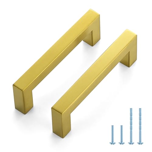 JOY DECOR 2 Pack Cabinet Handles, Gold Cabinet Pulls, 3-3/4 Inch Kitchen Handles Square Drawer Pulls Stainless Steel Drawer Hardware, 96mm Hole Center - size: 3-3/4 Inch Hole Center