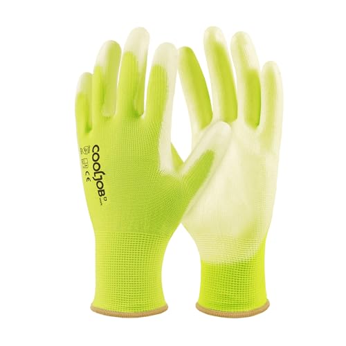 COOLJOB 12/60 Pairs Safety Work Gloves Pack Bulk with Grip PU Coating, 13 Gauge Seamless Knit Gloves with Polyurethane Dipped for Warehouse Working, Breathable Lightweight for Men Women, Yellow Medium - color: Yellow, size: Medium (Pack of 12)