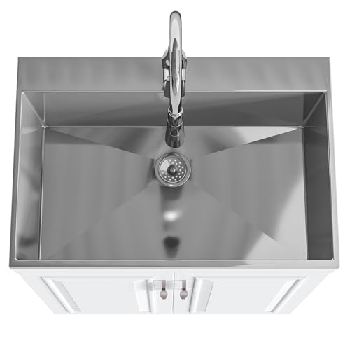 SIMPLIHOME Darwin All-in-One 28 inch Wide Utility Sink and Laundry Cabinet in Pure White Finish, Transitional Stainless Steel Sink Cabinet for Laundry Rooms with High-Arch Pull-Out Faucet and Storage - size: 28 Inch, style: Stainless Steel Sink