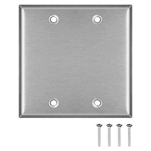 AP-10412, Stainless Steel Blank Wall Plate, 2 Gang Standard Size 4.50" x 4.57" Corrosion and Heat Resistant, Unbreakable Metal, Silver, Cover Unused Electrical Sockets or Switch Holes - size: 2 Gang
