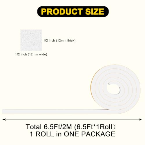 Foam Tape Insulation, 1/2 in x 1/2 in x 6.5Ft White Weather Stripping, Tool-Free for Tiny Medium Gap Sealing - color: White, size: 1/2 In x 1/2 In x 6.5Ft