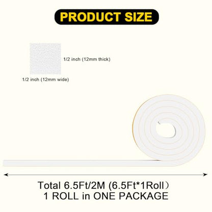 Foam Tape Insulation, 1/2 in x 1/2 in x 6.5Ft White Weather Stripping, Tool-Free for Tiny Medium Gap Sealing - color: White, size: 1/2 In x 1/2 In x 6.5Ft
