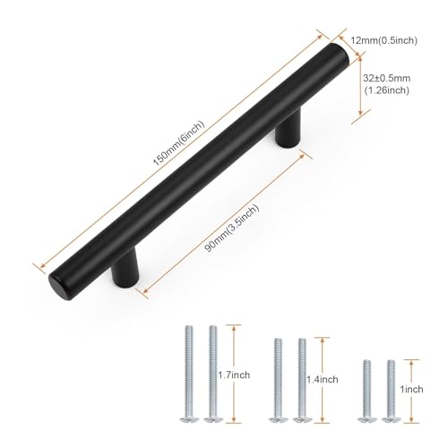 Probrico 5 Pack Holes Spacing(90mm) 3.5inch Flat Black Kitchen Cabinet Handles, Stainless Steel Dresser Drawer Pulls,6inch Length Euro T Bar Pull Handle for Closet - size: Center to Center: 3.5 Inch