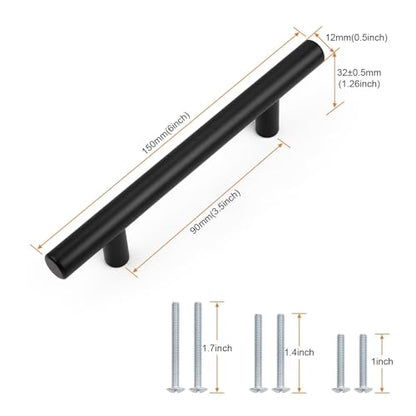 Probrico 5 Pack Holes Spacing(90mm) 3.5inch Flat Black Kitchen Cabinet Handles, Stainless Steel Dresser Drawer Pulls,6inch Length Euro T Bar Pull Handle for Closet - size: Center to Center: 3.5 Inch
