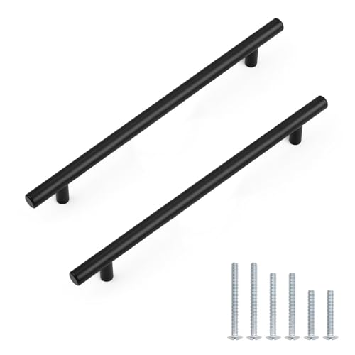 Probrico 5 Pack Hole Centers 10inch Matte Black Kitchen Cabinet Pulls, Stainless Steel Dresser Drawer Handles, 12.6inch Length Pull Handle for Cabinets and Closets - size: Center to Center: 10 inch