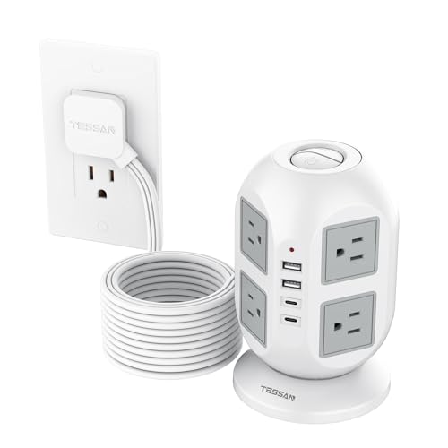 TESSAN Tower Surge Protector Power Strip 10 ft, Long Flat Extension Cord with Multiple Outlets, 8 AC Outlets with 4 USB Ports (2 USB C), Charging Station with Surge Protection, for Home Office Dorm - color: Grey, size: 10 Feet(4 USB Ports, 2 USB-C)