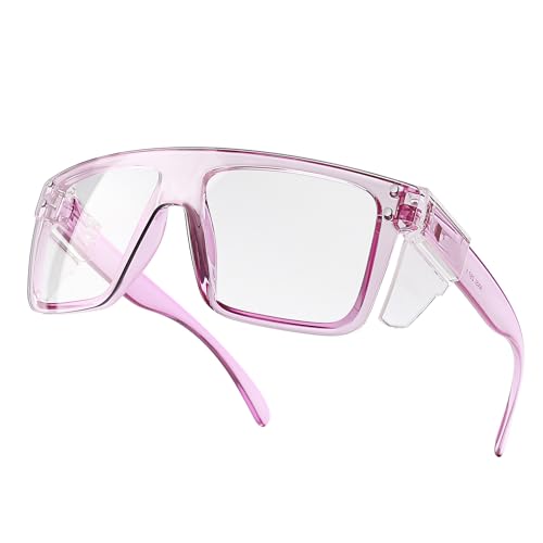 ANSI Z87 Safety Glasses, Photochromic UV400 Blue Light Blocking, Impact Resistant Work Glasses for Construction - color: Clear Purple