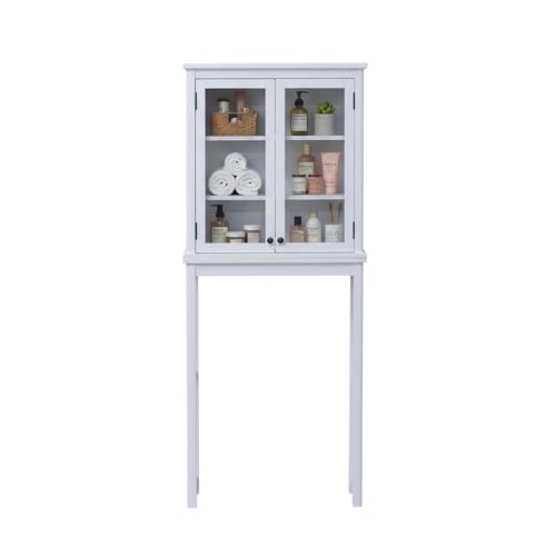Alaterre Furniture Dorset Over-The-Toilet Storage Cabinet with Tempered Glass Doors – White Wood Bathroom Space Saver Organizer with Adjustable Shelves, Hutch & Wall Mount Hardware - size: Toilet Shelf + Glass Door Cabinet