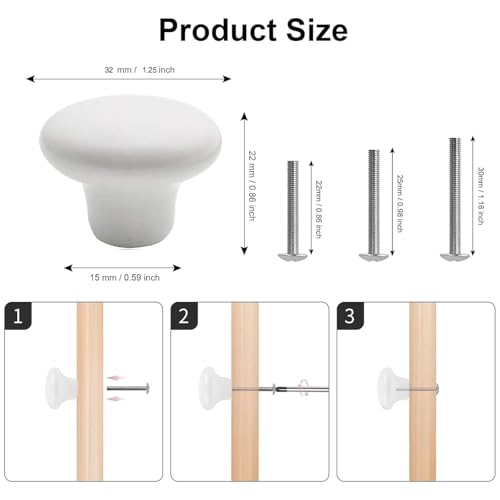 10x White Door Knob Cabinet Retro Round Ceramic Drawer Cupboard Kitchen Dresser Pull Handle Knobs 32mm/1.25" with 3-Sized Screws - size: 10 Pack