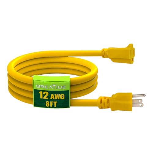 8 Ft Outdoor Extension Cord - 12/3 SJTW Heavy Duty Yellow Extension Cable with 3 Prong Grounded Plug - Power Cord for Lawn, Garden, Appliances - color: Yellow, size: 8 FT