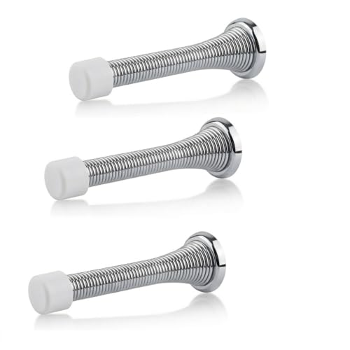 Spring Door Stopper Chrome – 3-Pack Wall Door Stopper – Easy Installation Doorstop with Rubber Bumper Tip – Heavy Duty Materials and No-Damage Design - color: Chrome